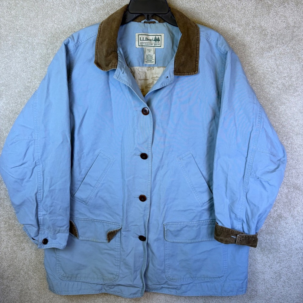 Vintage LL Bean Field Barn Coat Womens 2X Blue Corduroy Trim Canvas Jacket 1990s